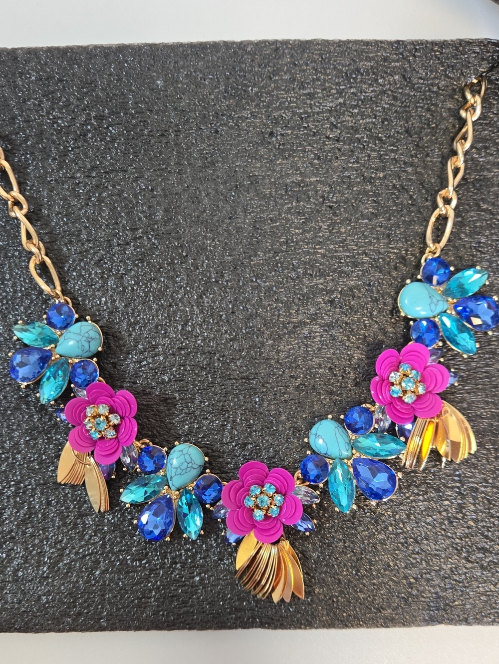 NWT I.N.C. Gold-Tone Statement Necklace with Fuchsia Flowers and Blue Gemstones
